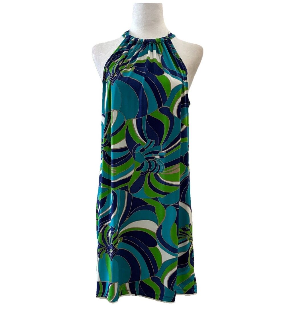 Trina Turk Dress Mod Mini Halter Strappy Size M Blue Green Jersey Resort Cruise